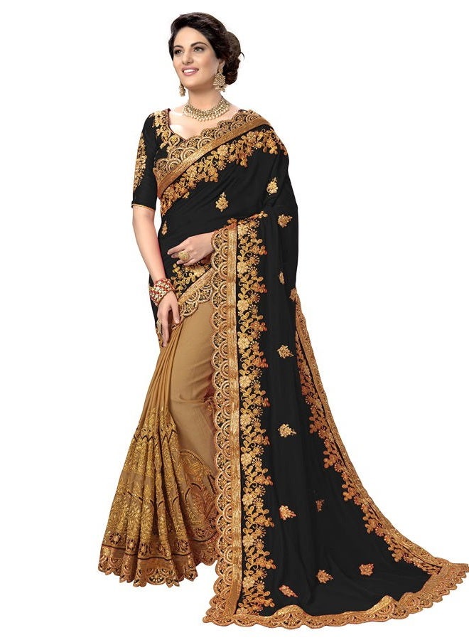 Trendmalls Women's Silk Satin Embroidery Saree with Unstitched Blouse (K810-Black) - Image 1