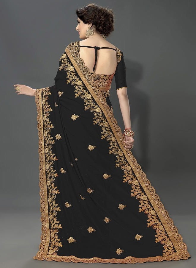 Trendmalls Women's Silk Satin Embroidery Saree with Unstitched Blouse (K810-Black) - Image 2