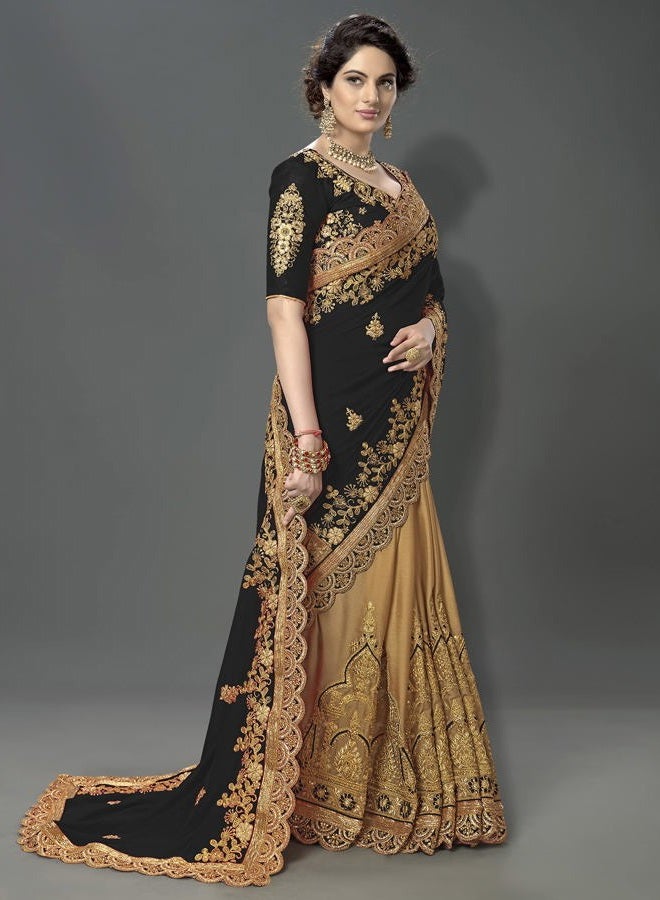 Trendmalls Women's Silk Satin Embroidery Saree with Unstitched Blouse (K810-Black) - Image 3