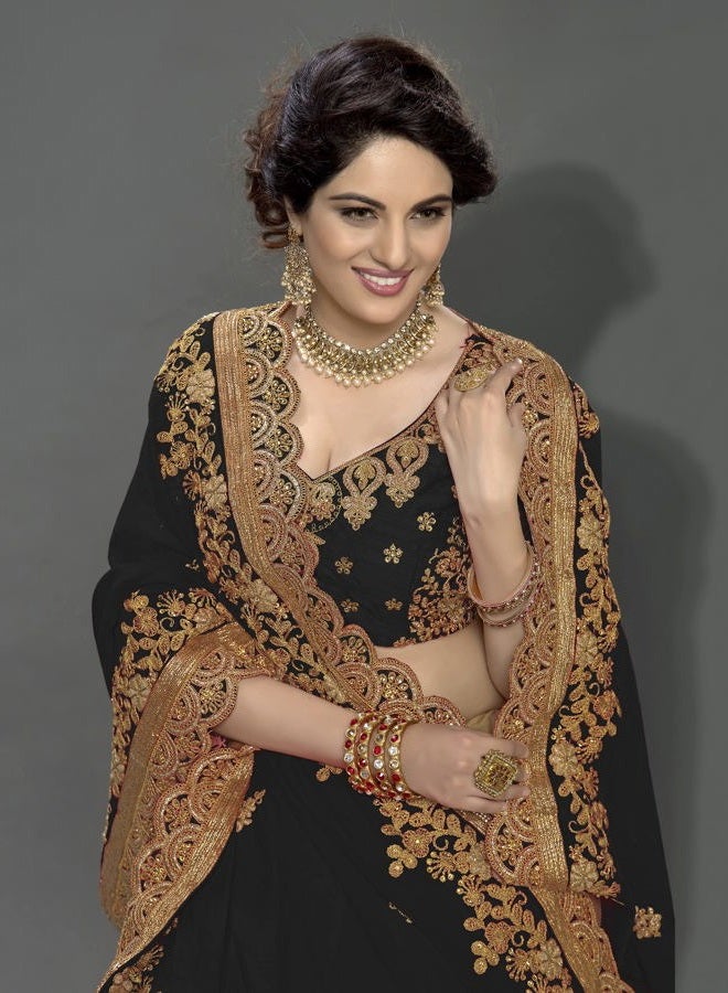 Trendmalls Women's Silk Satin Embroidery Saree with Unstitched Blouse (K810-Black) - Image 4