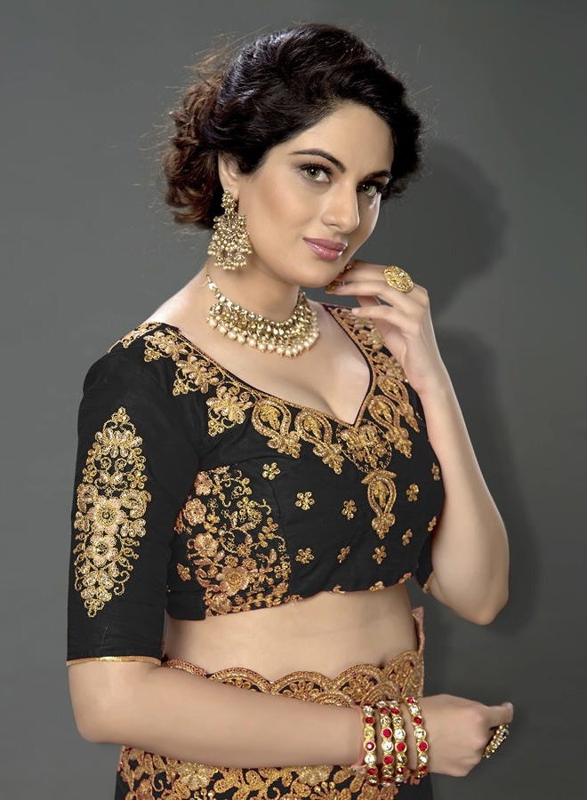 Trendmalls Women's Silk Satin Embroidery Saree with Unstitched Blouse (K810-Black) - Image 5