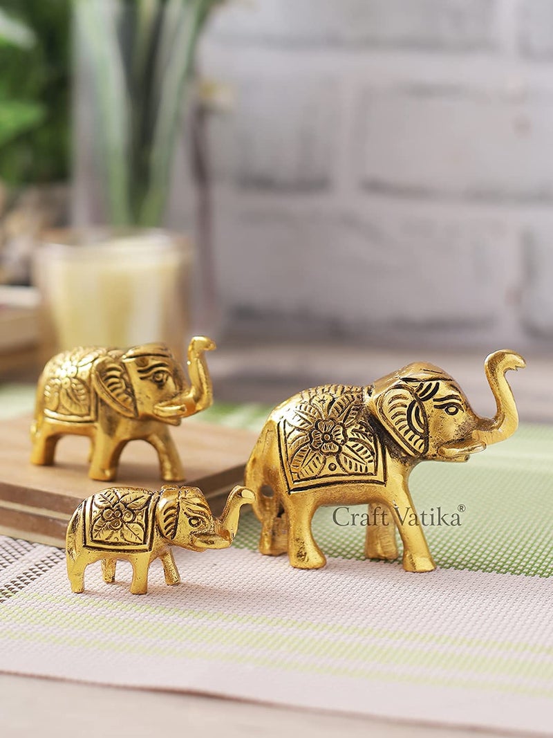 CraftVatika CraftVatika Metal Trunk Up Elephant Family Statue Showpiece Figurine Fengshui Vastu Lucky Decorative Items for Home Decor Living Room Office Desk Desktop Decoration and Gifting Set of 3 Pack of 5 - Image 1