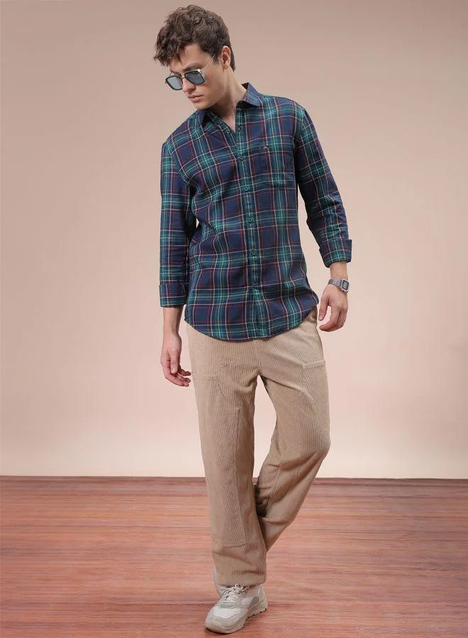 The Indian Garage Co Men Slim Fit Checkered Full Sleeves Cutaway Collar Casual Shirt