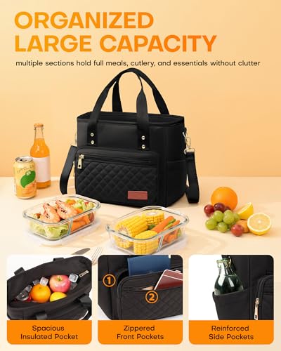 HOTOR Lunch Box for Women Insulated Lunch Bag with Multiple Pockets Portable Lunch Tote Cooler with Handles Adjustable Strap for Work Picnic Short Trip 126 x 59 x 102 Black - Image 3