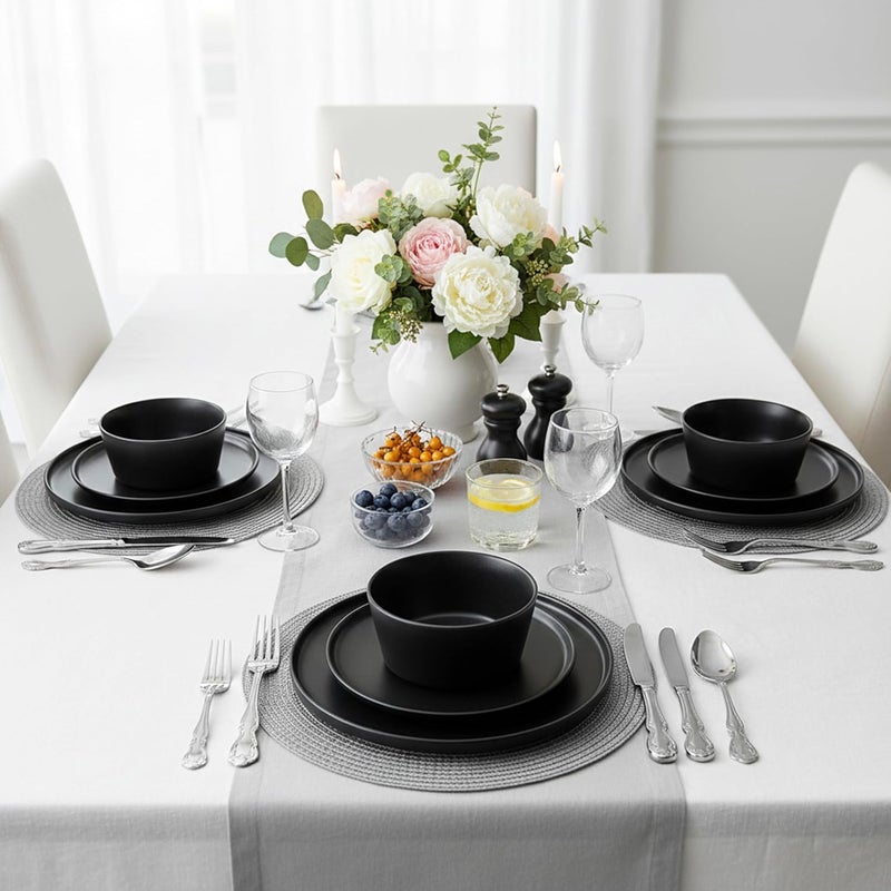 كويزين أرت طقم عشاء كويزين آرت بولا المكون من 12 قطعة من الخزف الحجري، لون أسود - طقم عصري لأربعة أشخاص - يشمل أطباق العشاء وأطباق الحلوى والأوعية - أدوات مائدة خزفية متينة للاستخدام اليومي وللمناسبات. - Image 4