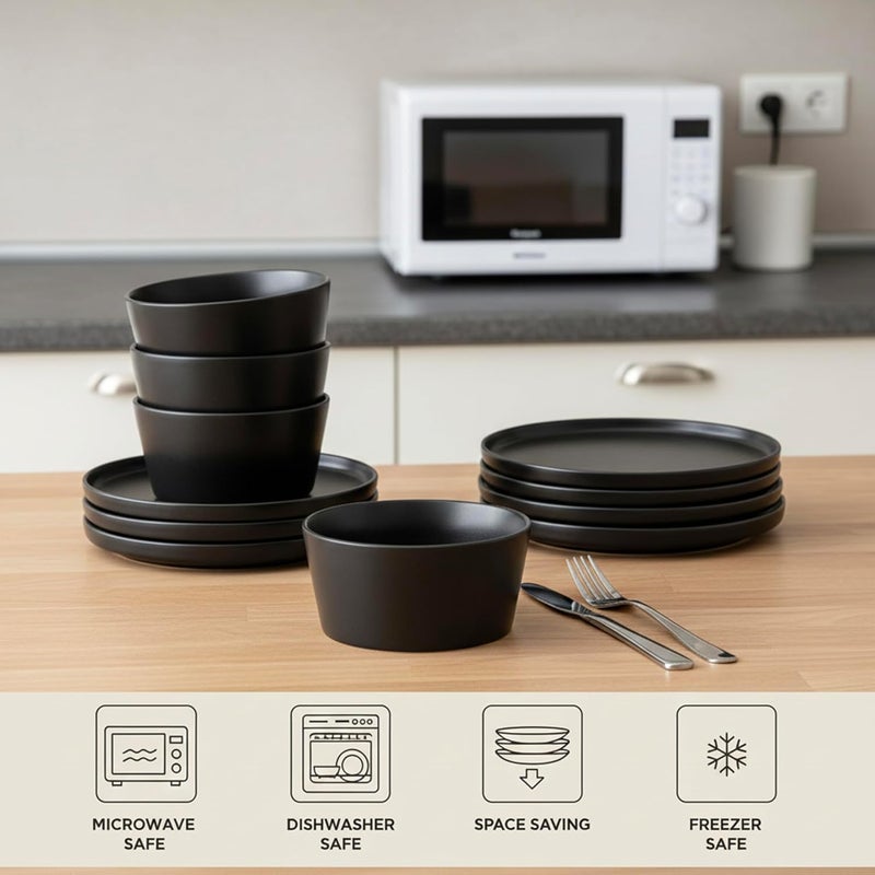 كويزين أرت طقم عشاء كويزين آرت بولا المكون من 12 قطعة من الخزف الحجري، لون أسود - طقم عصري لأربعة أشخاص - يشمل أطباق العشاء وأطباق الحلوى والأوعية - أدوات مائدة خزفية متينة للاستخدام اليومي وللمناسبات. - Image 3