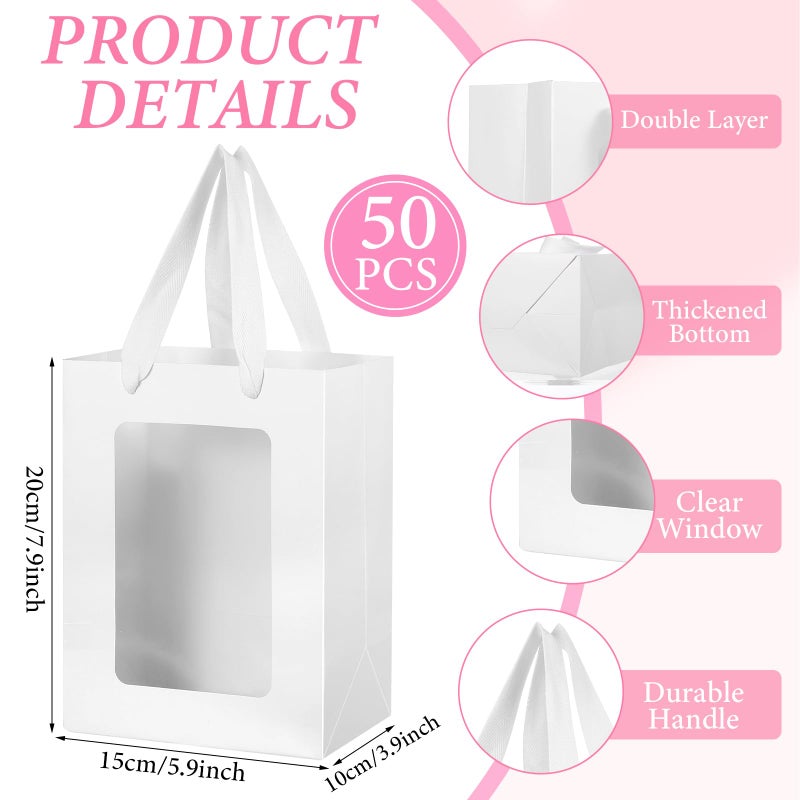 Tobeelec 50 Pcs Paper Gift Bag with Transparent Window, 7.9 x 5.9 x 3.9 Inch White Paper Gift Bags with Handles for Bridal Christmas Mothering Birthday Shower Festivals Party Supplies (White) - Image 3