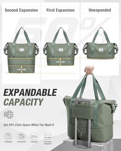 livbote Expandable Travel Duffle Bag for Women Men, Large Gym Bag Travel Tote Bags, Waterproof Carry On Personal Item Bag Airline Approved, Workout Weekender Bag for Overnight Trips with Luggage Sleeve, Green - Image 3