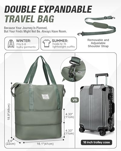 livbote Expandable Travel Duffle Bag for Women Men, Large Gym Bag Travel Tote Bags, Waterproof Carry On Personal Item Bag Airline Approved, Workout Weekender Bag for Overnight Trips with Luggage Sleeve, Green - Image 4