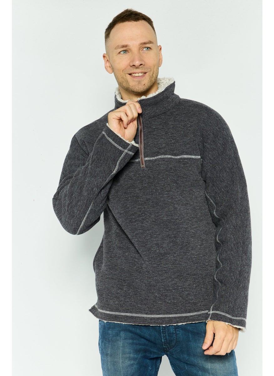 TRUE GRIT - Men Textured Bomber Jacket, Charcoal - Image 1