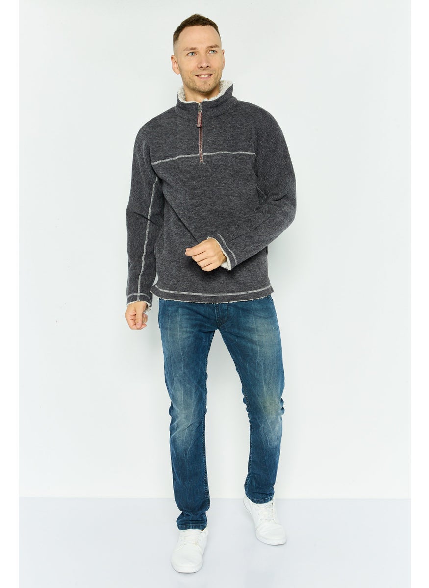 TRUE GRIT - Men Textured Bomber Jacket, Charcoal - Image 1