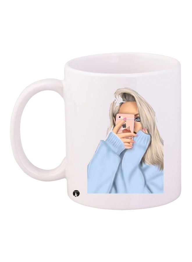 Girl Selfie Printed Ceramic Coffee Mug White/Blue/Beige 11ounce