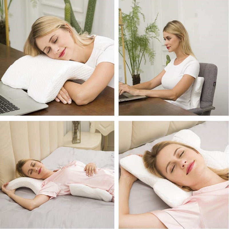 ZURITY U-Shaped Curved Memory Foam Sleeping Neck Cervical Pillow with Hollow Design Arm Rest Hand Pillow (White, Standard) - Image 3