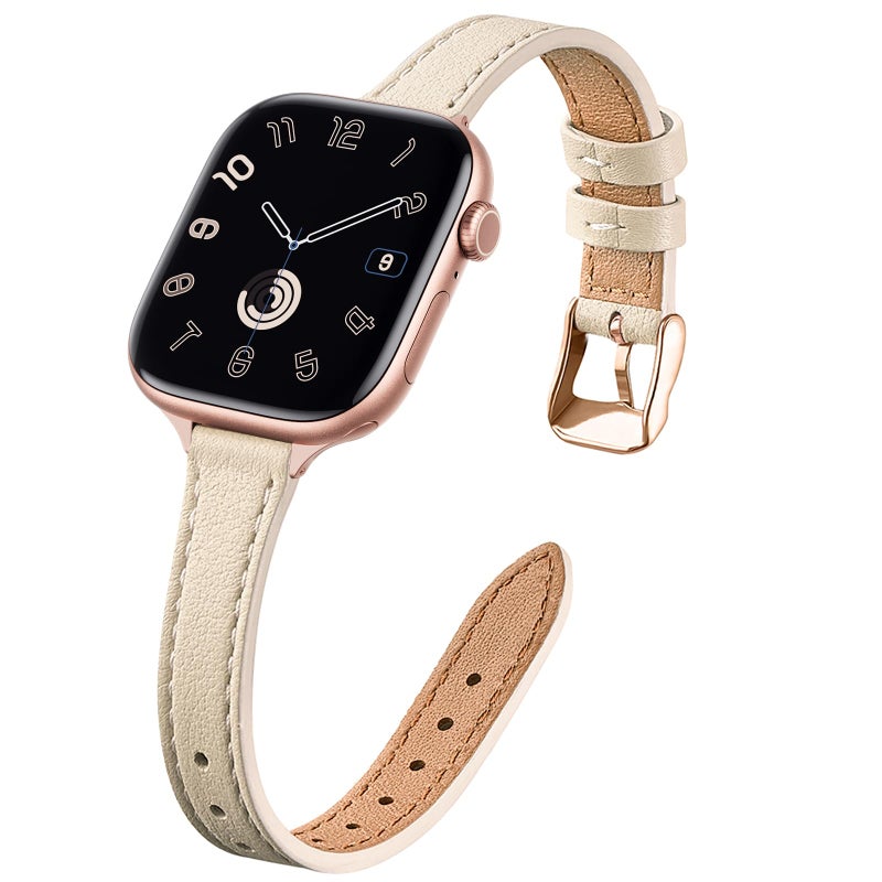 STIROLL Slim Leather Bands Compatible with Apple Watch Band 38mm 40mm 41mm 42mm(Series 11 10), Top Grain Leather Watch Thin Wristband for iWatch SE 9 8 7 6 5 4 3 2 1 (Beige Rose Gold) - Image 1