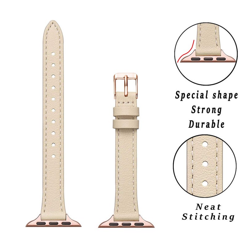 STIROLL Slim Leather Bands Compatible with Apple Watch Band 38mm 40mm 41mm 42mm(Series 11 10), Top Grain Leather Watch Thin Wristband for iWatch SE 9 8 7 6 5 4 3 2 1 (Beige Rose Gold) - Image 2