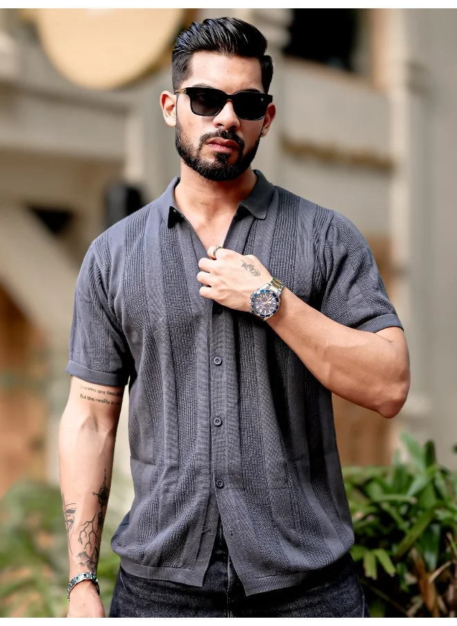 مانياك Maniac Men 3/4th Sleeve Dark Grey Rib Stitch Flat Knit Cotton Shirt