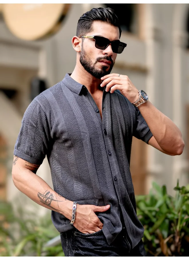 مانياك Maniac Men 3/4th Sleeve Dark Grey Rib Stitch Flat Knit Cotton Shirt