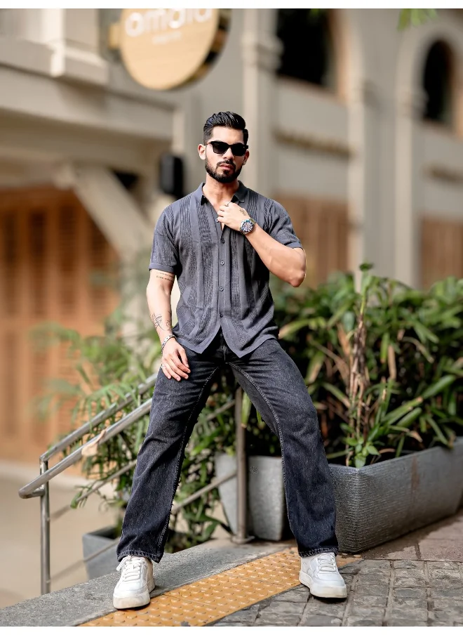 مانياك Maniac Men 3/4th Sleeve Dark Grey Rib Stitch Flat Knit Cotton Shirt
