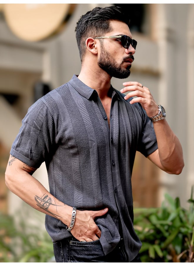 Maniac Maniac Men 3/4th Sleeve Dark Grey Rib Stitch Flat Knit Cotton Shirt  - Image 2