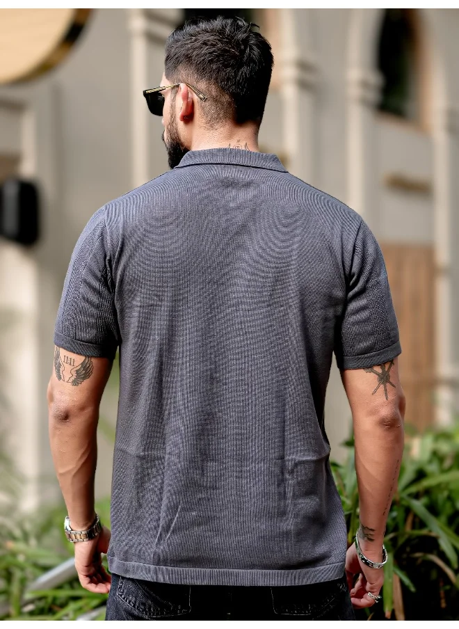 مانياك Maniac Men 3/4th Sleeve Dark Grey Rib Stitch Flat Knit Cotton Shirt