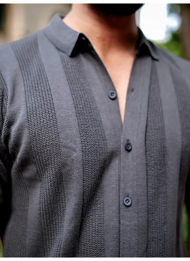 مانياك Maniac Men 3/4th Sleeve Dark Grey Rib Stitch Flat Knit Cotton Shirt