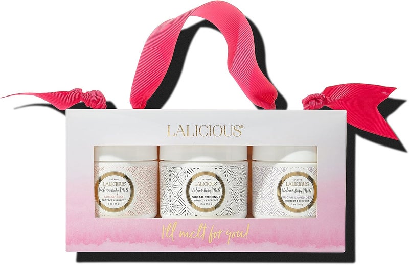 LaLicious Velour Body Melt Gift Set - 3-Piece Gel-to-Oil Body Moisturizer Skin Care Kit with Vitamin E & Macadamia Nut Seed Oil - Shave Oil, Hand & Foot Mask, Hair & Scalp Mask & More (3 Piece Kit)