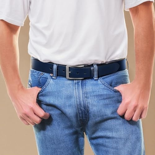 Buffway Men’s Full Grain Leather Belt – Solid One-Piece Leather, 1.5” Wide for Jeans & Business Casual, Gift Box Included - 56” Navy Blue - Image 2