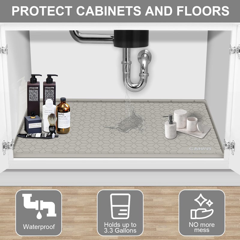 CANIVI Under Sink Mat, 31" x 22" Waterproof Silicone Under Sink Tray for Kitchen & Laundry Cabinets, Kitchen Cabinet Shelf Protector, Up to 3.2 Gallons Liquid, Fits 36 inch Standard Cabinet (Khaki) - Image 4