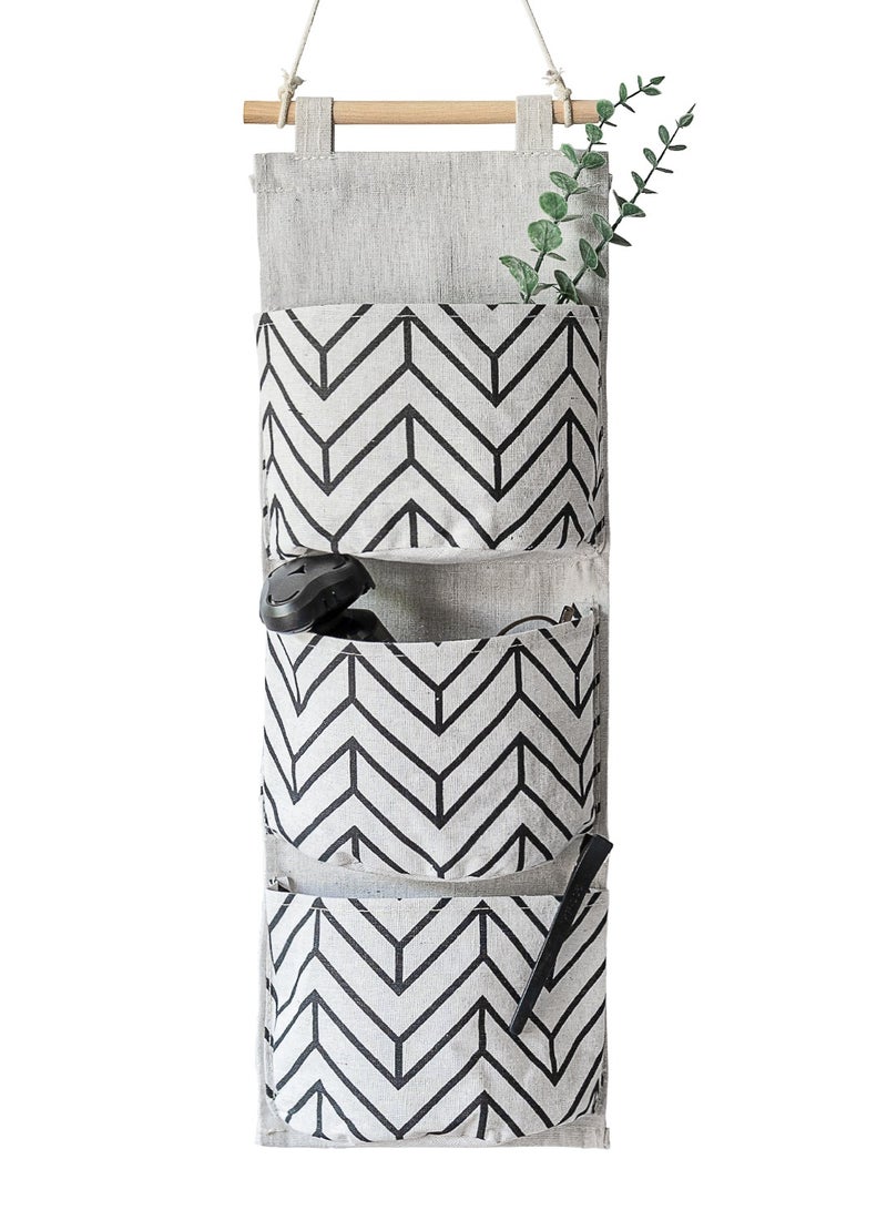 3 Big Pockets Linen Cotton Fabric Hanging Storage Bag Home Door Organizer 56*19.5cm White  - Image 1