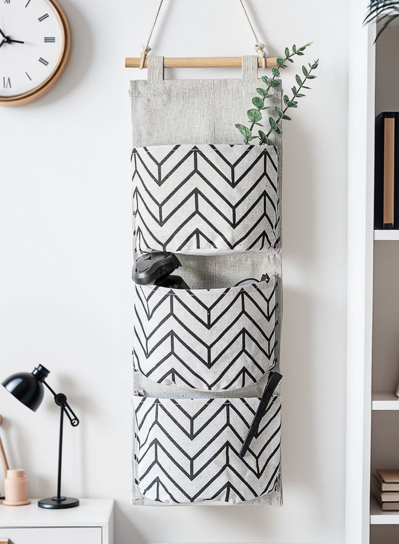 3 Big Pockets Linen Cotton Fabric Hanging Storage Bag Home Door Organizer 56*19.5cm White  - Image 2