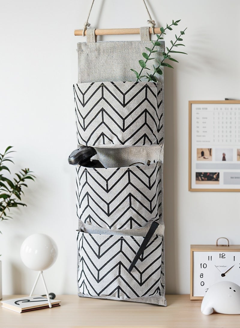 3 Big Pockets Linen Cotton Fabric Hanging Storage Bag Home Door Organizer 56*19.5cm White  - Image 3