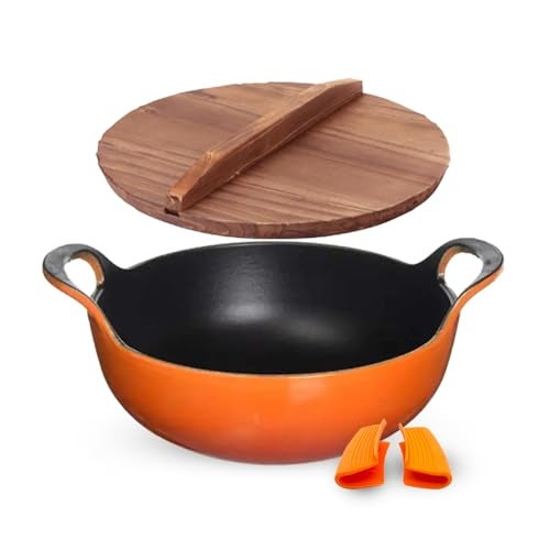 CountryCook Enamel Coated 24cms Cast Iron Pan with Wooden Lid Induction Friendly Heavy Duty Cookware - Image 1