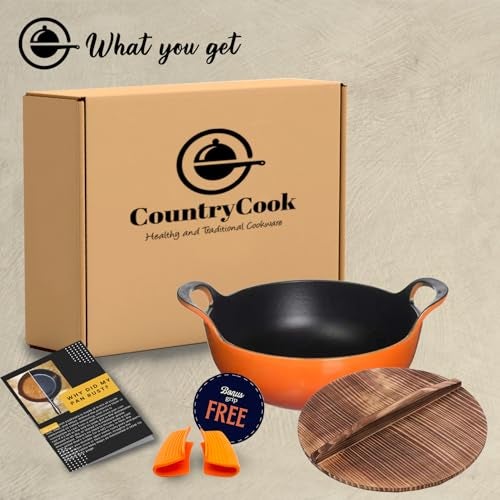CountryCook Enamel Coated 24cms Cast Iron Pan with Wooden Lid Induction Friendly Heavy Duty Cookware - Image 2