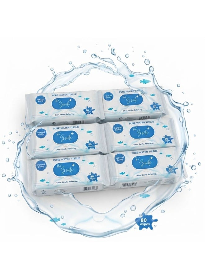 smileplus Pure Water Tissues 80's Wipes Pack of 6 - Image 1