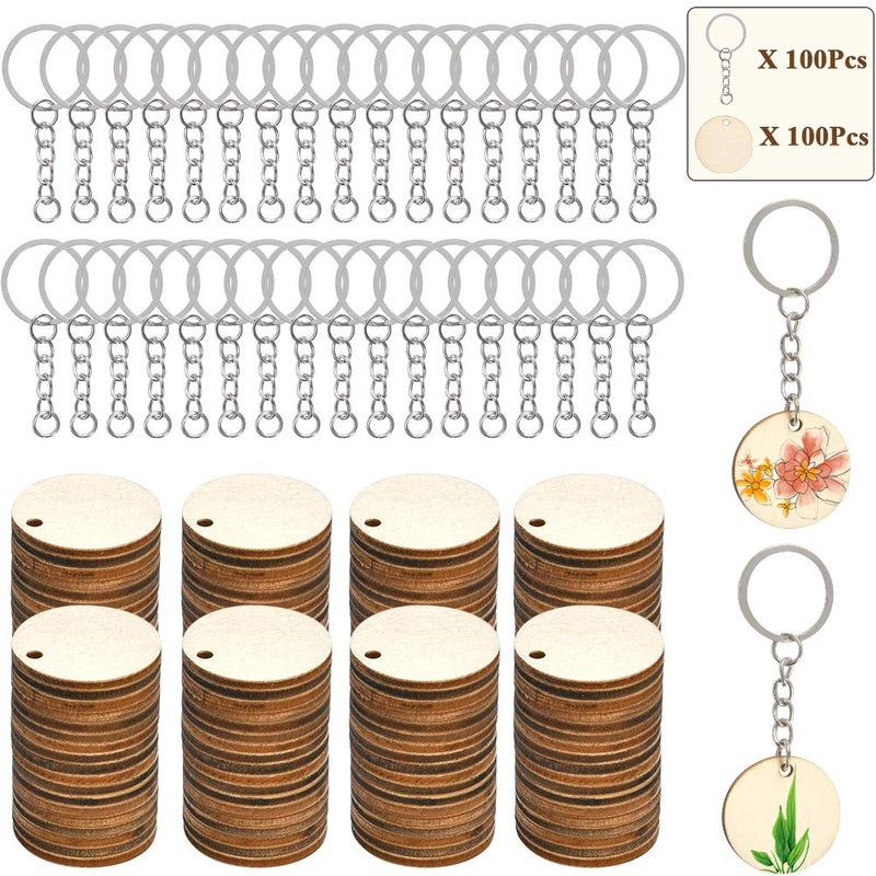 100Pcs of Natural Wood Slices Unfinished Predrilled Log Discs Wooden Circles with 100Pcs Key Rings Combination Set Ideal for DIY Christmas Decorations Ornaments