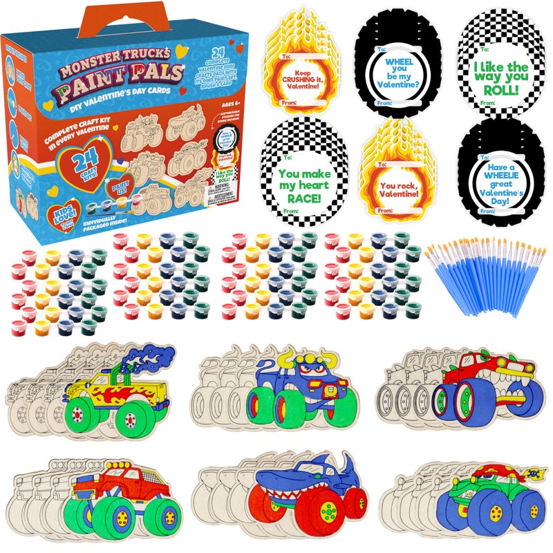 SCS Direct Monster Truck Wood Painting Kits 24 ct Perfect Goodie Bag Party Favors for Kids Birthday Party Each has a Wood Craft Paints Brush Sticker for Boys Girls Kids Party Favor Activity Kits