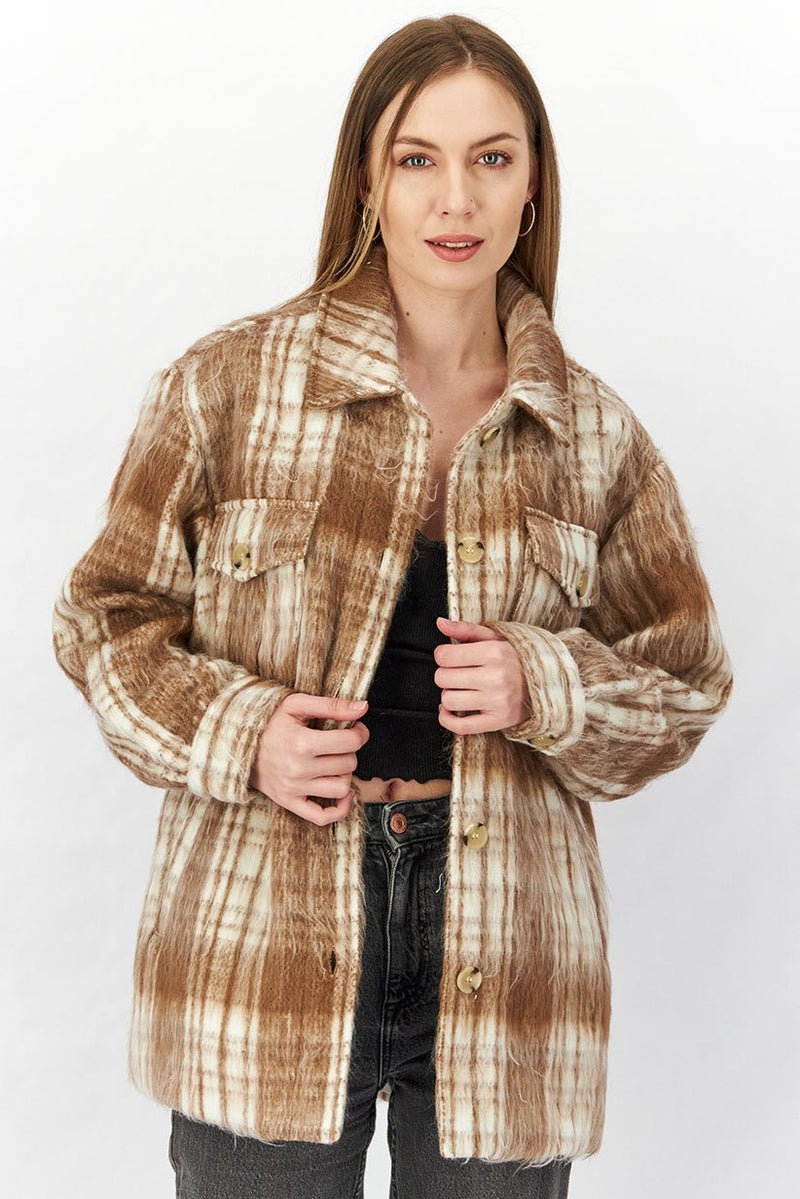 NA-KD Women Spread Collar Long Sleeve Pocket Detailed Midi JackeT-shirt, Brown Combo - Image 1