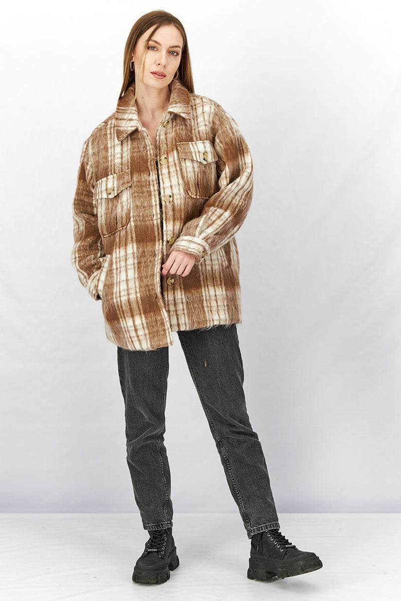 NA-KD Women Spread Collar Long Sleeve Pocket Detailed Midi JackeT-shirt, Brown Combo - Image 4
