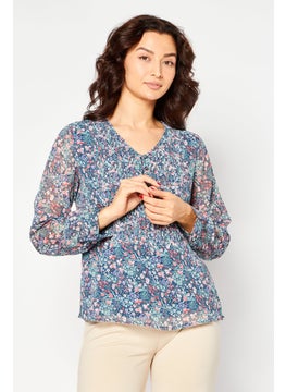 Women V-Neck Long Sleeves Floral Pattern Blouse, Blue Combo