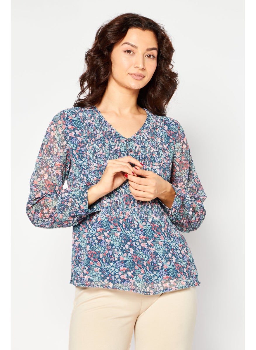 KAYFI - Women V-Neck Long Sleeves Floral Pattern Blouse, Blue Combo - Image 1