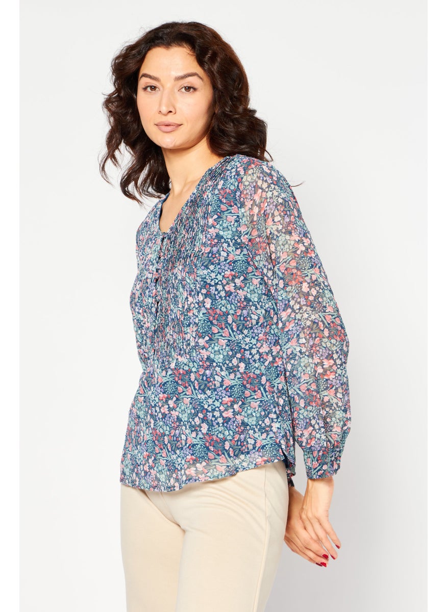 KAYFI - Women V-Neck Long Sleeves Floral Pattern Blouse, Blue Combo - Image 1
