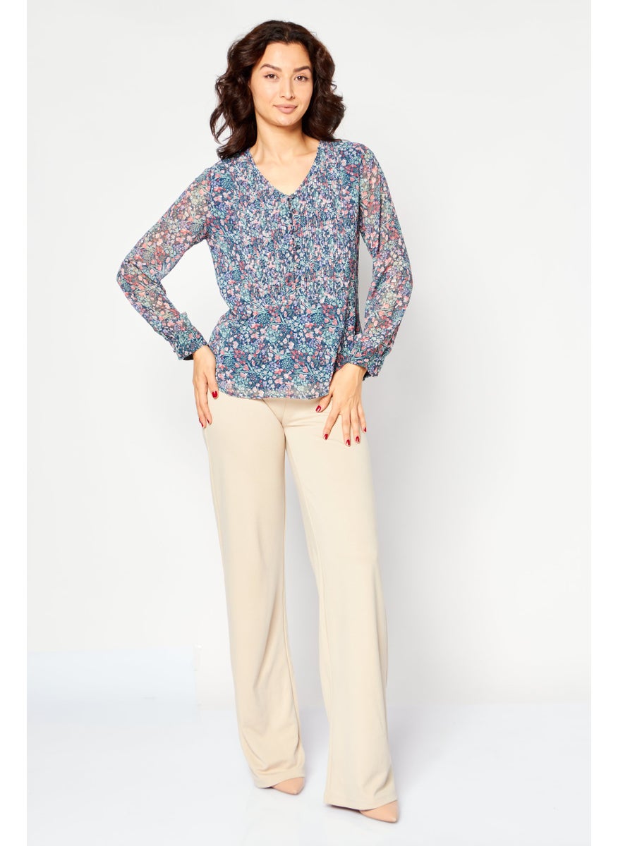 KAYFI - Women V-Neck Long Sleeves Floral Pattern Blouse, Blue Combo - Image 1