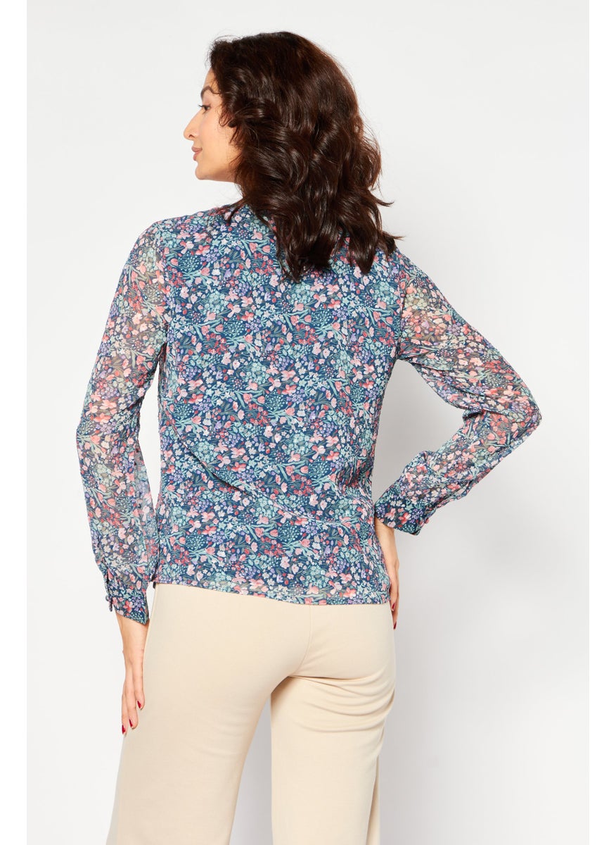KAYFI - Women V-Neck Long Sleeves Floral Pattern Blouse, Blue Combo - Image 1