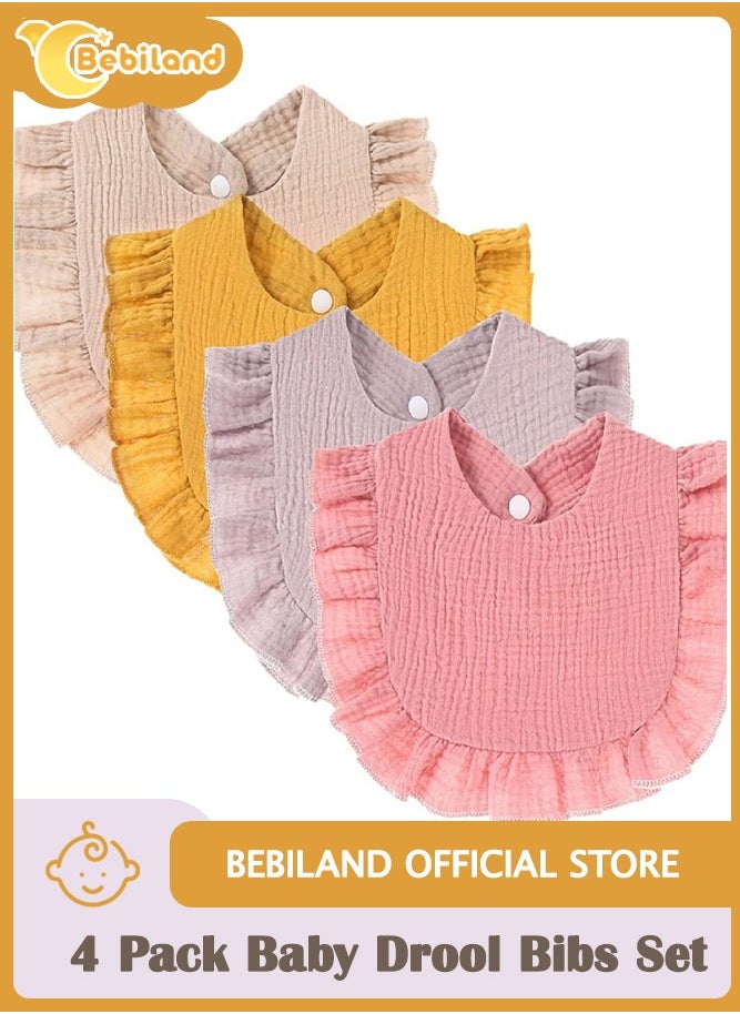 Bebiland 4 Pack Solid Muslin Baby Drool Bibs Set for Unisex Boys Girls Cotton Adjustable Teething Feeding Drooling Bibs (Multicolour)  - Image 1