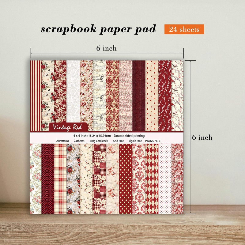 EAMOTOL 24 Sheets Red Aesthetic Scrapbooking Paper Pad - 6In x 6In Double Sided Flowers Patterns for Photos Album Journals Supplies Decorative Collage Origami DIY Crafts Gifts Wrapping - Image 5