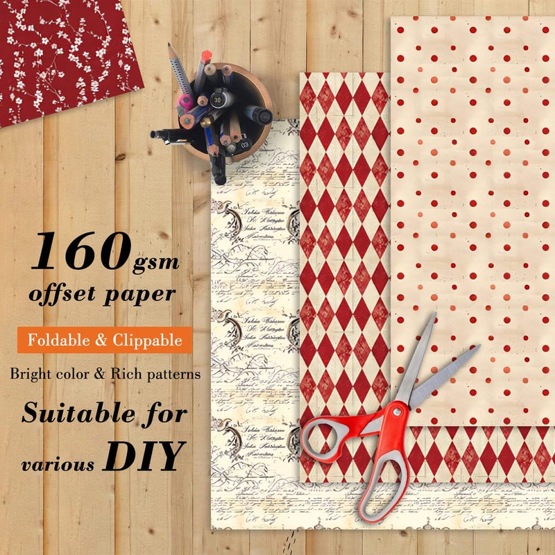 EAMOTOL 24 Sheets Red Aesthetic Scrapbooking Paper Pad - 6In x 6In Double Sided Flowers Patterns for Photos Album Journals Supplies Decorative Collage Origami DIY Crafts Gifts Wrapping - Image 4