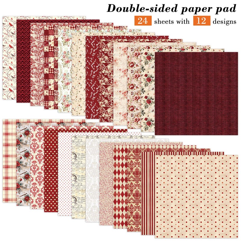 EAMOTOL 24 Sheets Red Aesthetic Scrapbooking Paper Pad - 6In x 6In Double Sided Flowers Patterns for Photos Album Journals Supplies Decorative Collage Origami DIY Crafts Gifts Wrapping - Image 2
