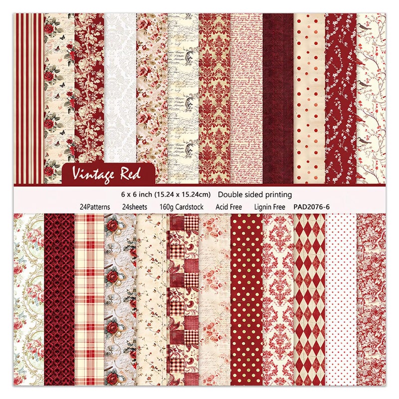 EAMOTOL 24 Sheets Red Aesthetic Scrapbooking Paper Pad - 6In x 6In Double Sided Flowers Patterns for Photos Album Journals Supplies Decorative Collage Origami DIY Crafts Gifts Wrapping - Image 1