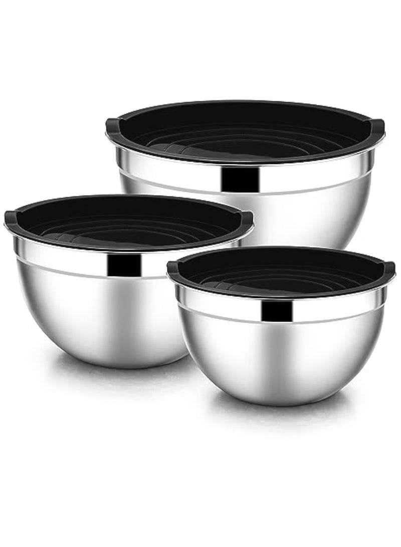 Arabest أوعية خلط مع أغطية، مجموعة 6 قطع من أوعية السلطة المصنوعة من الفولاذ المقاوم للصدأ، أوعية معدنية للتداخل للخبز والطهي والتحضير، أغطية محكمة الإغلاق وتصميم قابل للتكديس، الحجم 4.5، 3، 1.5 QT (أسود) - Image 1
