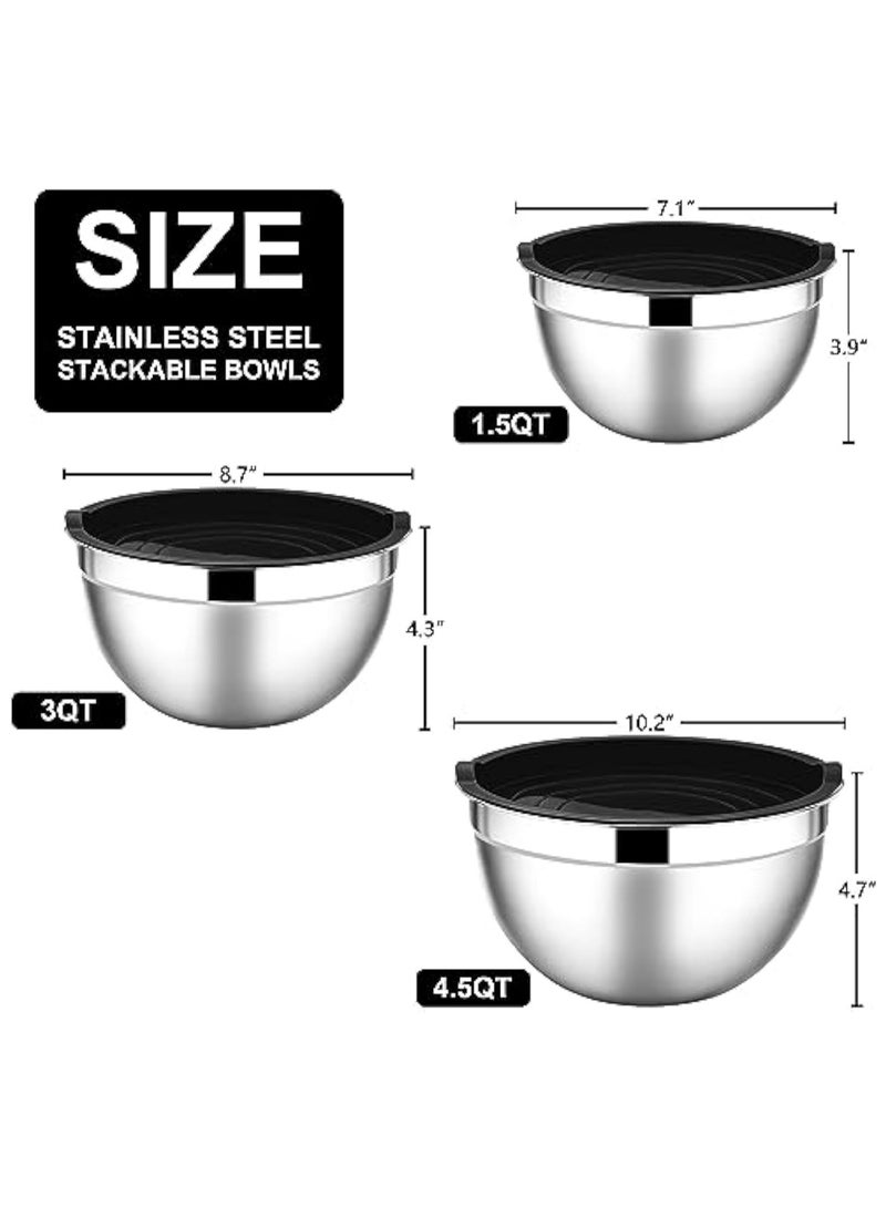 Arabest أوعية خلط مع أغطية، مجموعة 6 قطع من أوعية السلطة المصنوعة من الفولاذ المقاوم للصدأ، أوعية معدنية للتداخل للخبز والطهي والتحضير، أغطية محكمة الإغلاق وتصميم قابل للتكديس، الحجم 4.5، 3، 1.5 QT (أسود) - Image 2